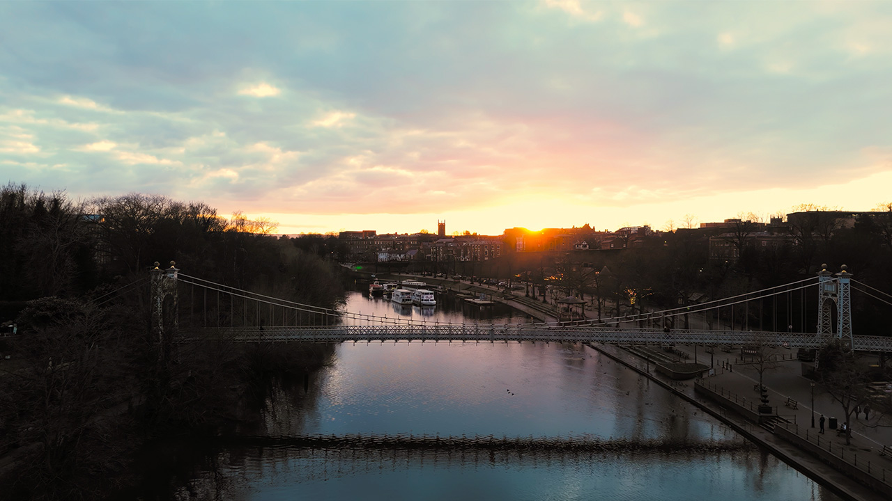 Queens Park Suspension Bridge Chester At Golden Hour By Drone